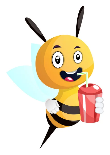 Bee beber suco, sorrindo, ilustração, vetor em branco backg — Vetor de Stock