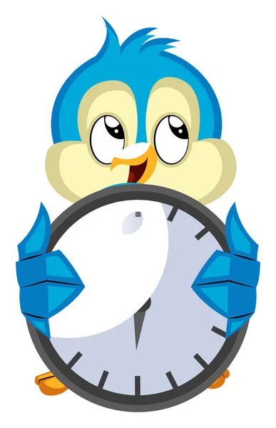 Pássaro azul segura um relógio, ilustração, vetor no backgroun branco —  Vetores de Stock
