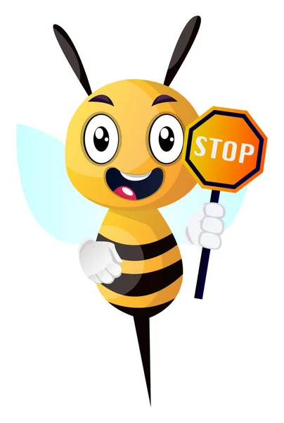 Abeja cuidado stop signo, ilustración, vector sobre fondo blanco . — Vector de stock