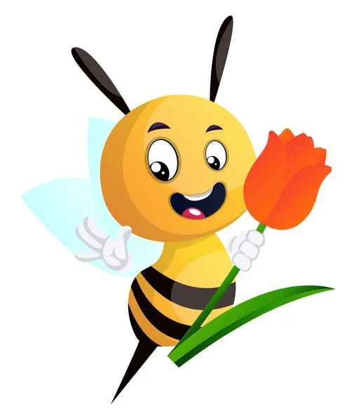 Пчела держит тюльпан и махание, иллюстрация, вектор на белой спине — стоковый вектор