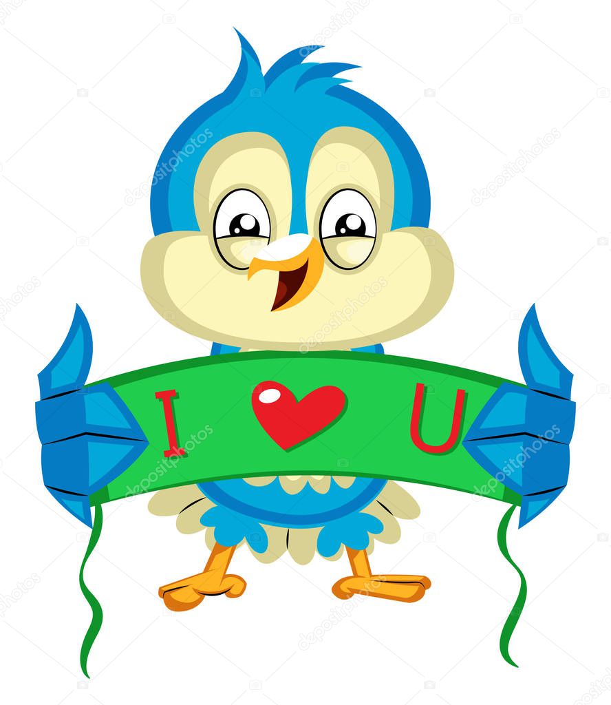 Blue bird holds a green i love you sign, illustration, vector on