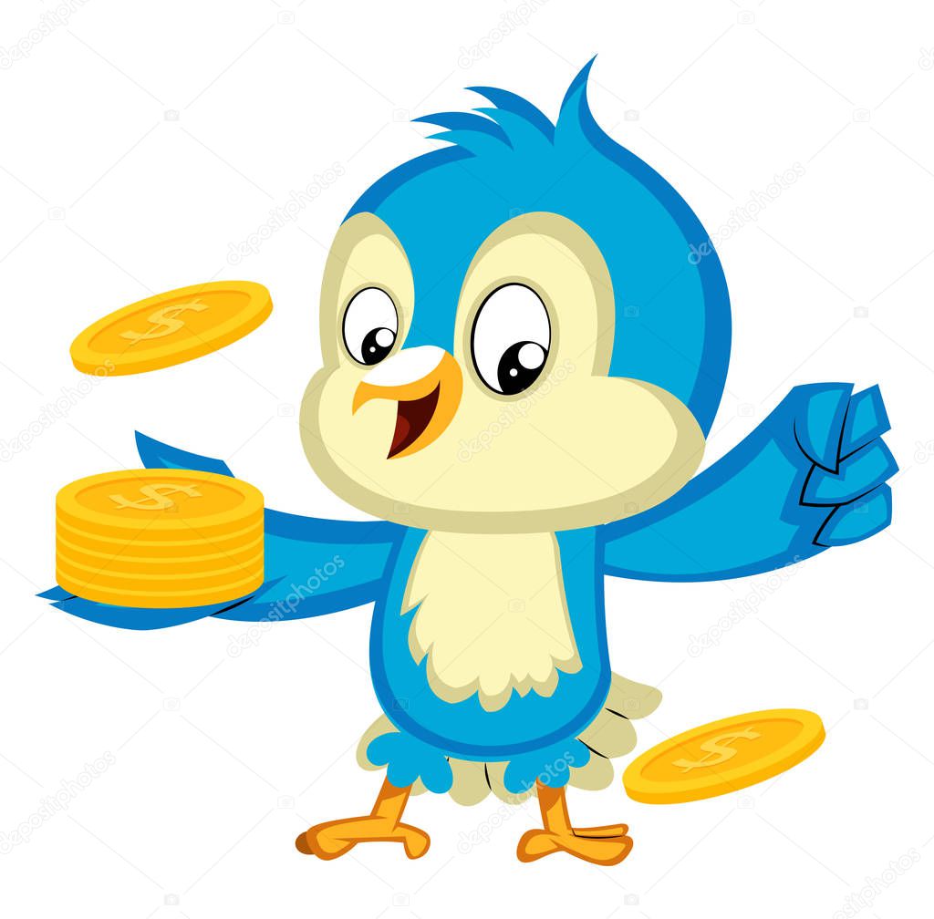 Blue bird is holding a pile of nickels, illustration, vector on 
