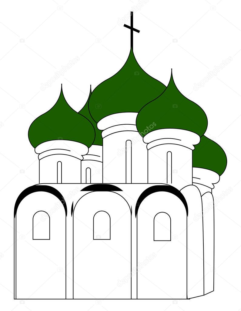 Russian church with green roof, illustration, vector on white ba