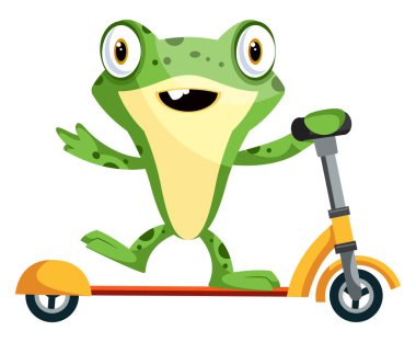 Joyful bebek kurbağa bir scooter sürme, illüstrasyon, wh vektör
