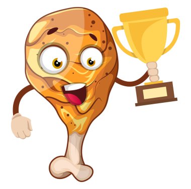 Neşeli tavuk bacağı bir numaralı kupa tutan, illüstrasyon, ve