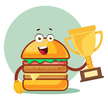 Burger beyaz backgr üzerinde bir kupa, illüstrasyon, vektör tutuyor