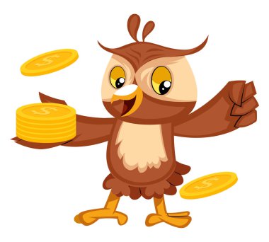 Beyaz arka planda sikke, illüstrasyon, vektör ile baykuş.