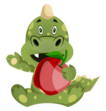 Yeşil ejderha beyaz bir elma, illüstrasyon, vektör tutuyor 