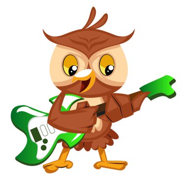 Baykuş gitar çalma, illüstrasyon, beyaz arka plan vektör.
