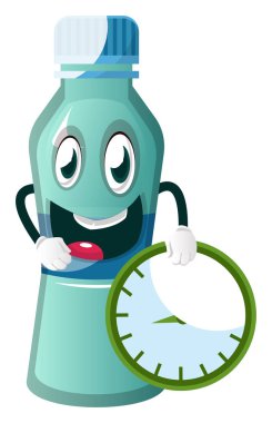 Şişe beyaz backgroun üzerinde saat, illüstrasyon, vektör tutuyor