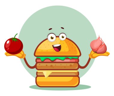 Burger bir domates ve sarımsak tutuyor, illüstrasyon, w vektör