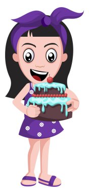 Kız tutan doğum günü pastası, illüstrasyon, beyaz backgr vektör