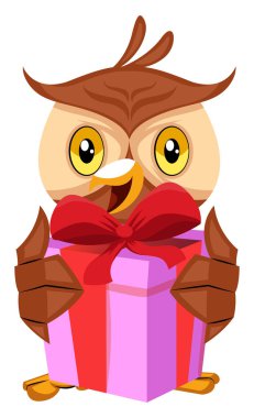 Beyaz arka plan üzerinde baykuş tutma hediye, illüstrasyon, vektör.