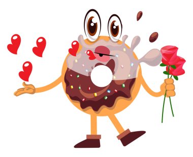 Donut tutan güller, illüstrasyon, beyaz arka plan üzerinde vektör.