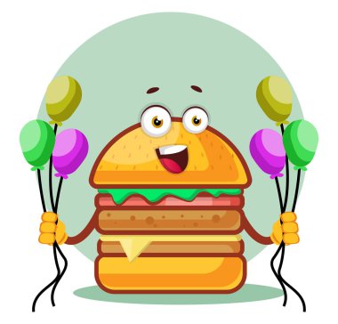 Gülümseyen burger balonlar, illüstrasyon, whit vektör tutuyor