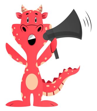 Kırmızı ejderha beyaz b üzerinde megafon, illüstrasyon, vektör tutuyor