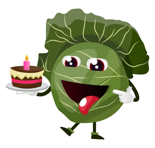 Cabbage is holding a birthday cake, illustration, vector on whit — Stock Vector