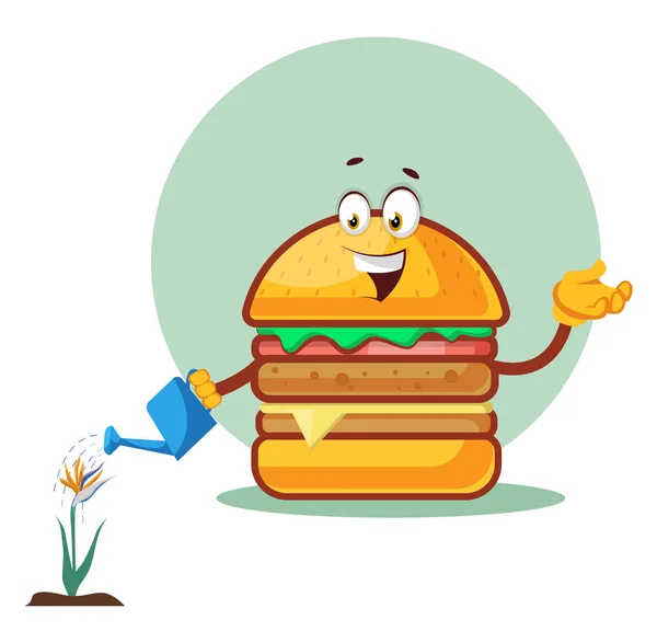 Burger está regando la flor, ilustración, vector en bac blanco — Vector de stock