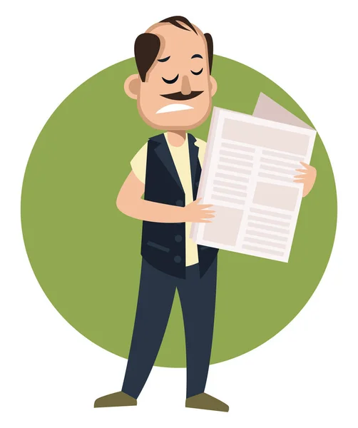 Man reading newspaper, illustration, vector on white background. — Stock Vector