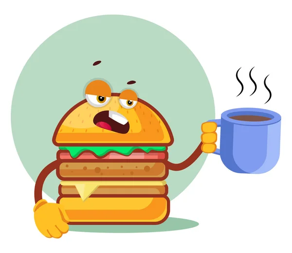 Burger está segurando uma caneca de café, ilustração, vetor em ba branco — Vetor de Stock