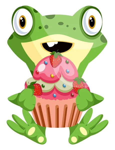 Jolie grenouille tenant un cupcake aux fraises, illustra — Image vectorielle