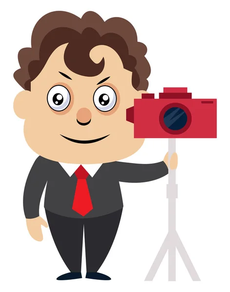 Man met camera, illustratie, vector op witte achtergrond. — Stockvector