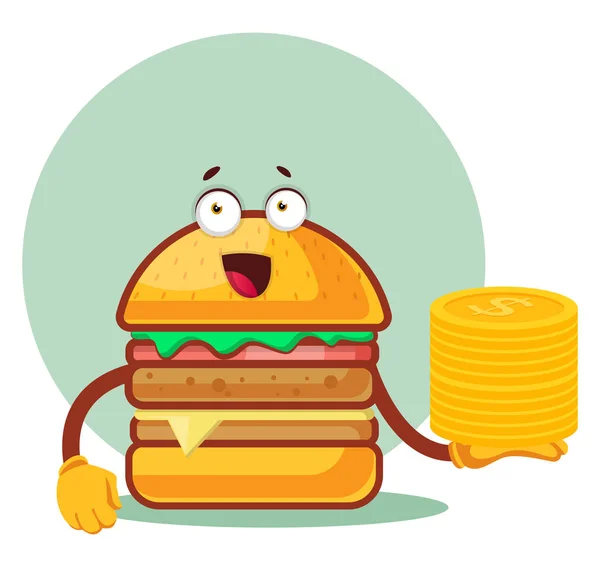 Burger está sosteniendo una pila de níquel, ilustración, vector en whi — Vector de stock