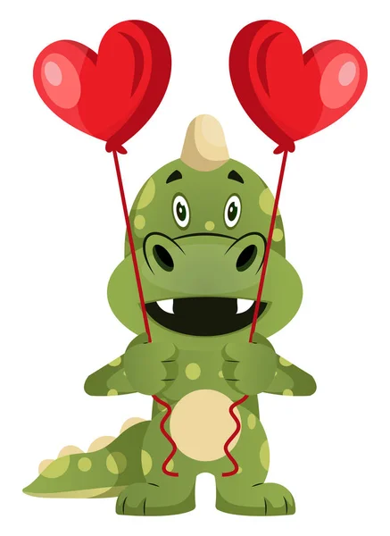 Green dragon is holding heart balloons, illustration, vector on — Stock Vector