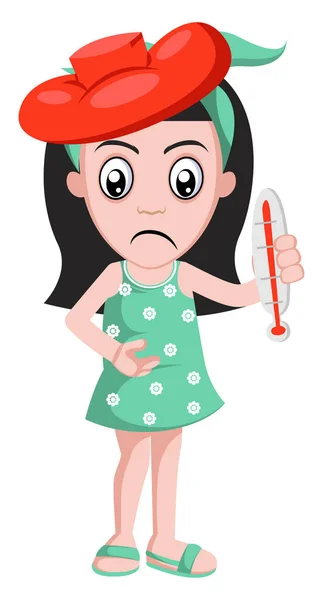 Menina doente com termômetro, ilustração, vetor em backg branco —  Vetores de Stock