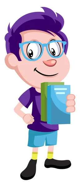 Chłopiec z okularami trzyma książki, ilustracja, wektor na białym ba — Wektor stockowy