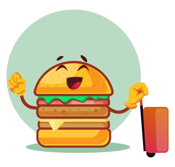 Burger is pulling the suitcase, illustration, vector on white ba — Stock Vector