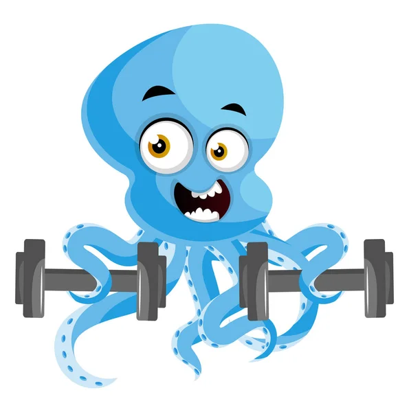 Octopus met gewichten, illustratie, vector op witte achtergrond. — Stockvector