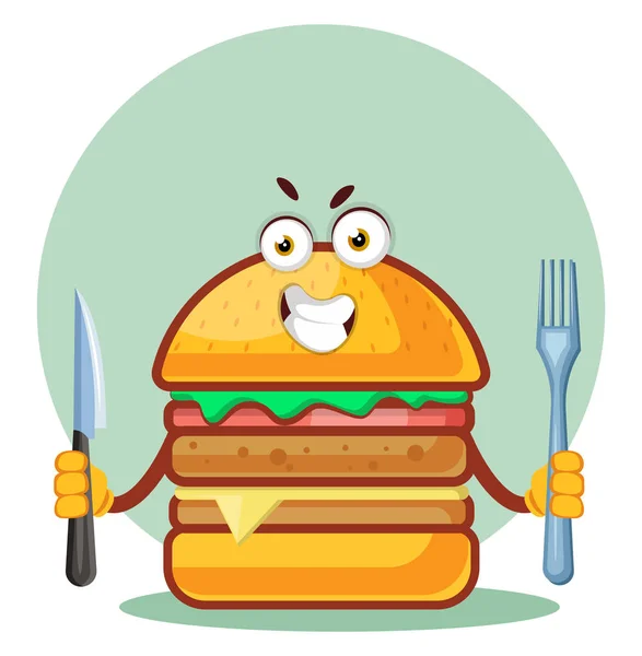 Burger houdt een mes en vork, illustratie, vector op whit — Stockvector