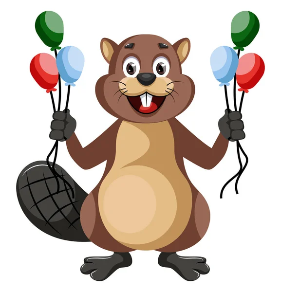 Beaver with balloons, illustration, vector on white background. — Stock Vector