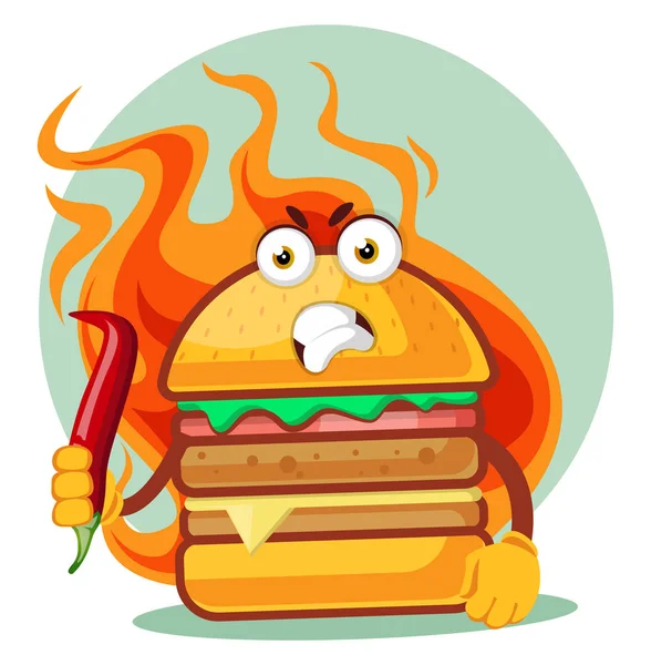 Гарячий сердитий бургер тримає перець чилі, ілюстрація, вектор — стоковий вектор