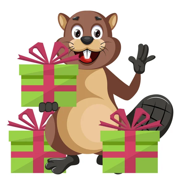 Bever met cadeautjes, illustratie, vector op witte achtergrond. — Stockvector