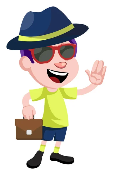 Boy with suitcase, illustration, vector on white background. — Stock Vector