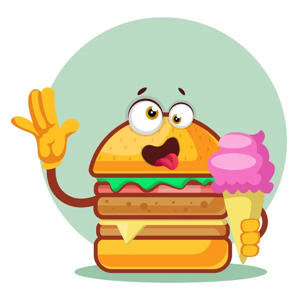 Burger is holding an ice cream cone, illustration, vector on whi — Stock Vector