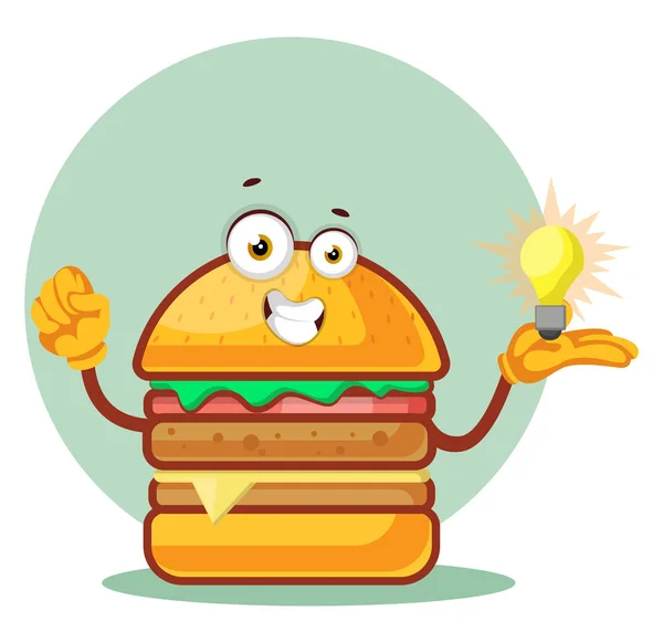 Burger está segurando uma lâmpada, ilustração, vetor em branco ba — Vetor de Stock