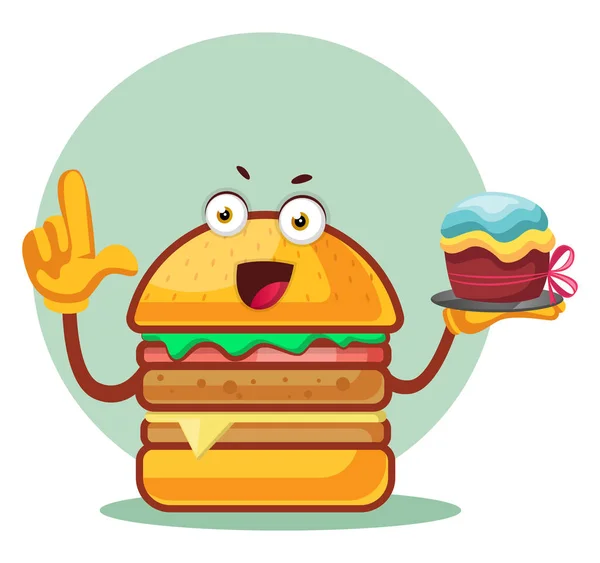 Hamburger houdt een taart, illustratie, vector op witte backgrou — Stockvector