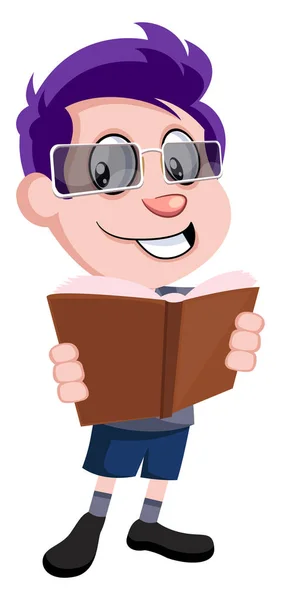 Boy reading book, illustration, vector on white background. — Stock Vector