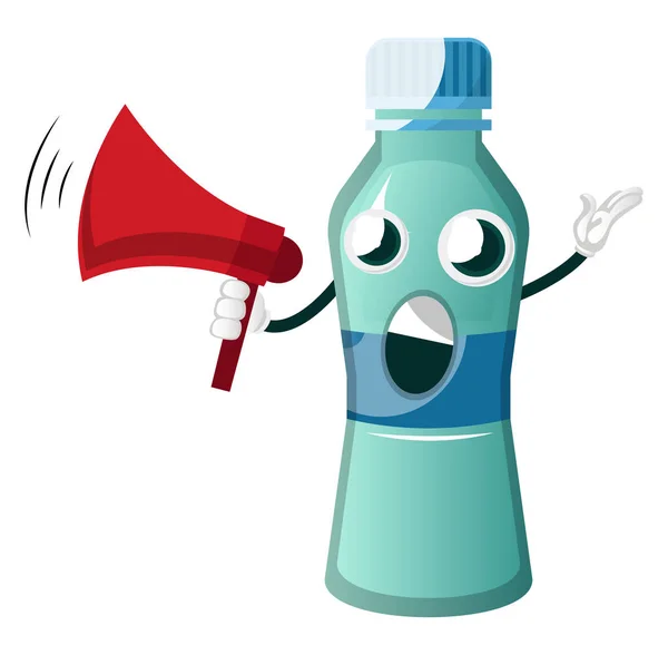 Botella está sosteniendo megáfono, ilustración, vector en el respaldo blanco — Archivo Imágenes Vectoriales