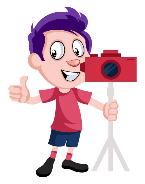 Jongen met camera, illustratie, vector op witte achtergrond. — Stockvector