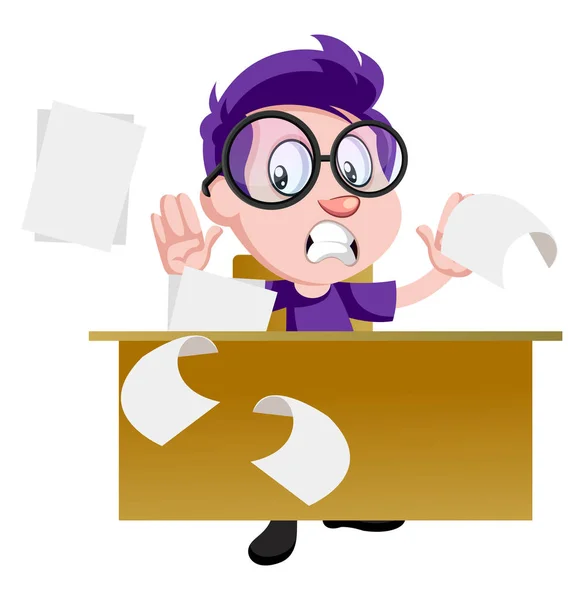 Boy with glasses working, illustration, vector on white backgrou — Stock Vector