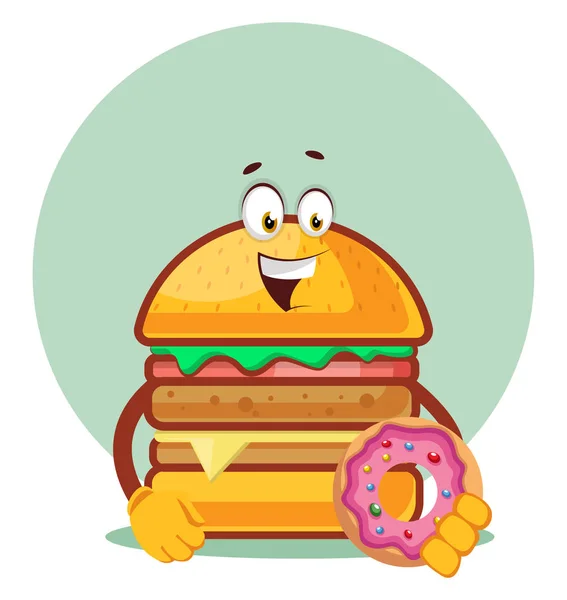 Burger hält einen Donut, Illustration, Vektor auf weißem Rücken — Stockvektor
