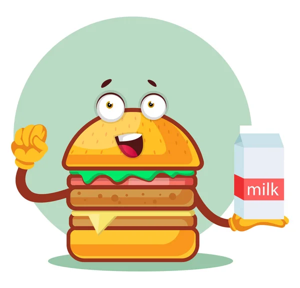 Burger está sosteniendo una leche, ilustración, vector en el fondo blanco — Vector de stock