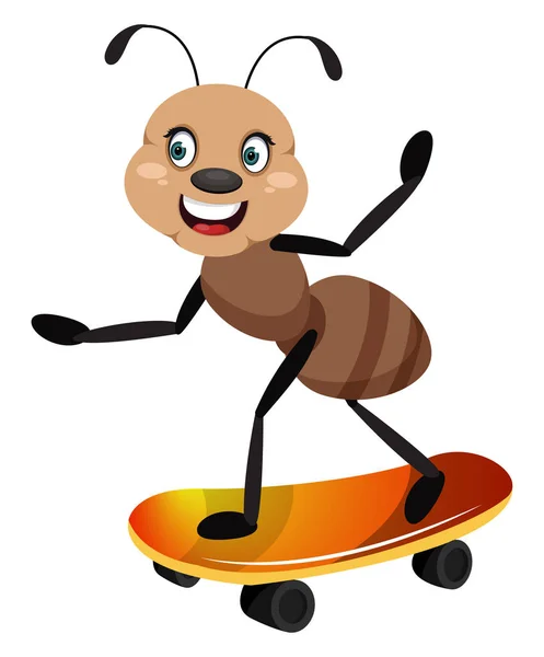 Ant riding skateboard, illustrator, vector on white background. — Stock Vector