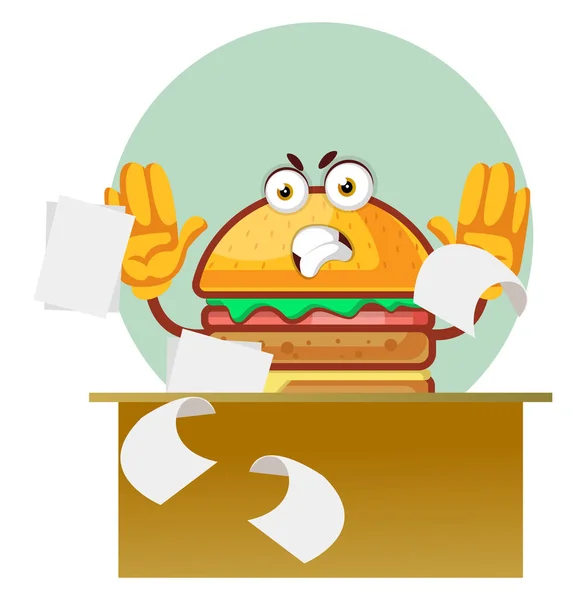 Burger irritado está jogando papéis fora de mesa, ilustração, vetor o — Vetor de Stock
