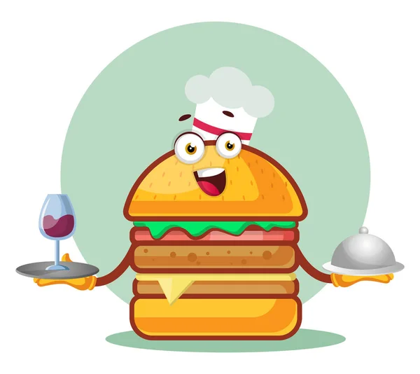 Chef burger tient un repas et verre de vin, illustration, vect — Image vectorielle