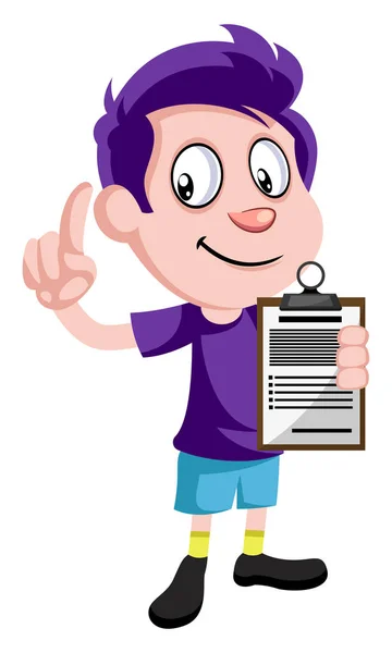 Boy holding schedule, illustration, vector on white background. — Stock Vector
